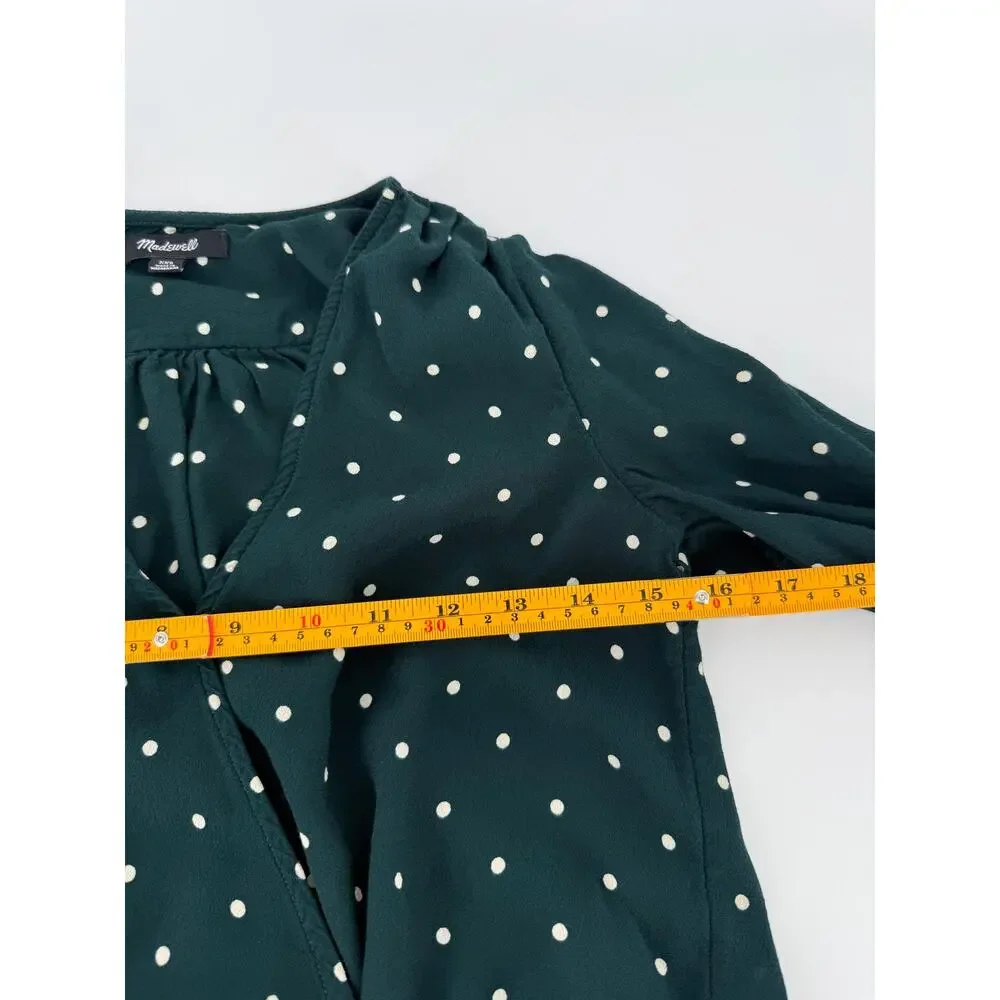 Madewell XXS Green Polka Dot Wrap Blouse Puff Sleeve Tie Waist Women’s Top